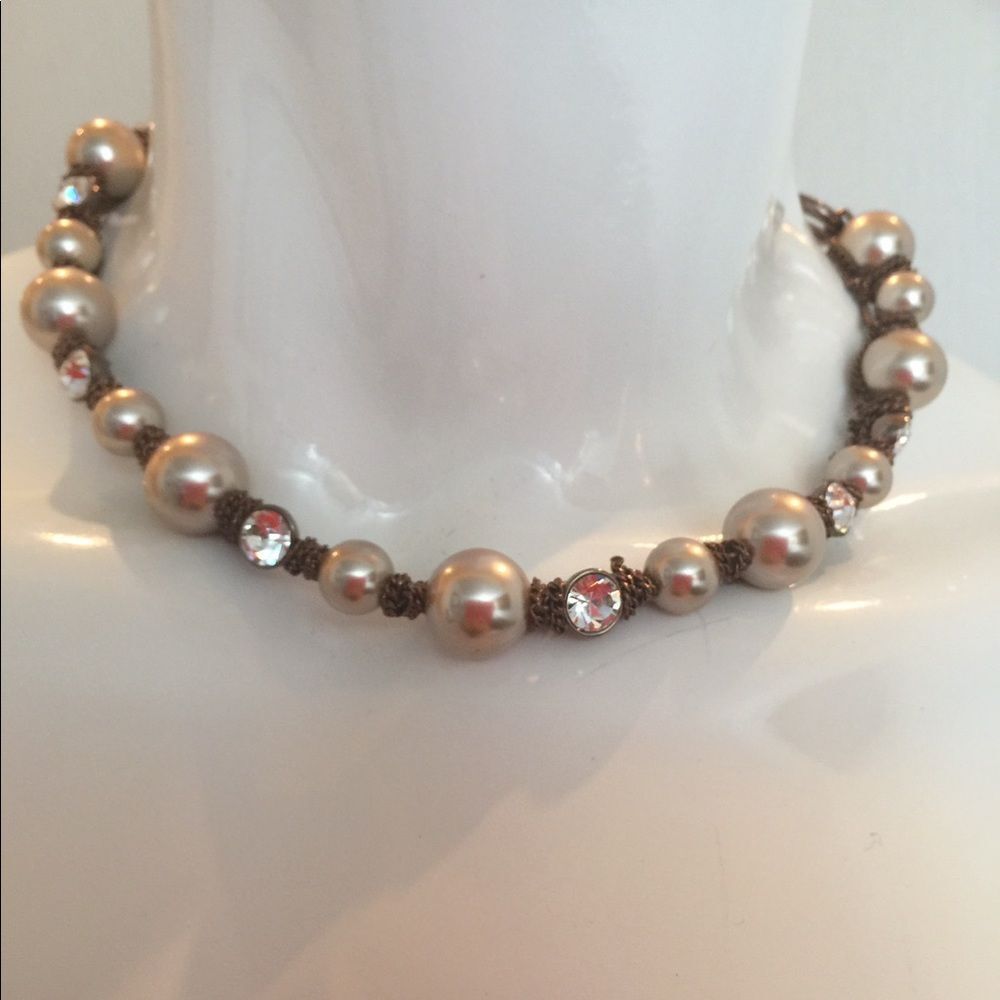 Givenchy Pearl Rhinestone Single Chain Necklace In Brown - Picture 2 of 7
